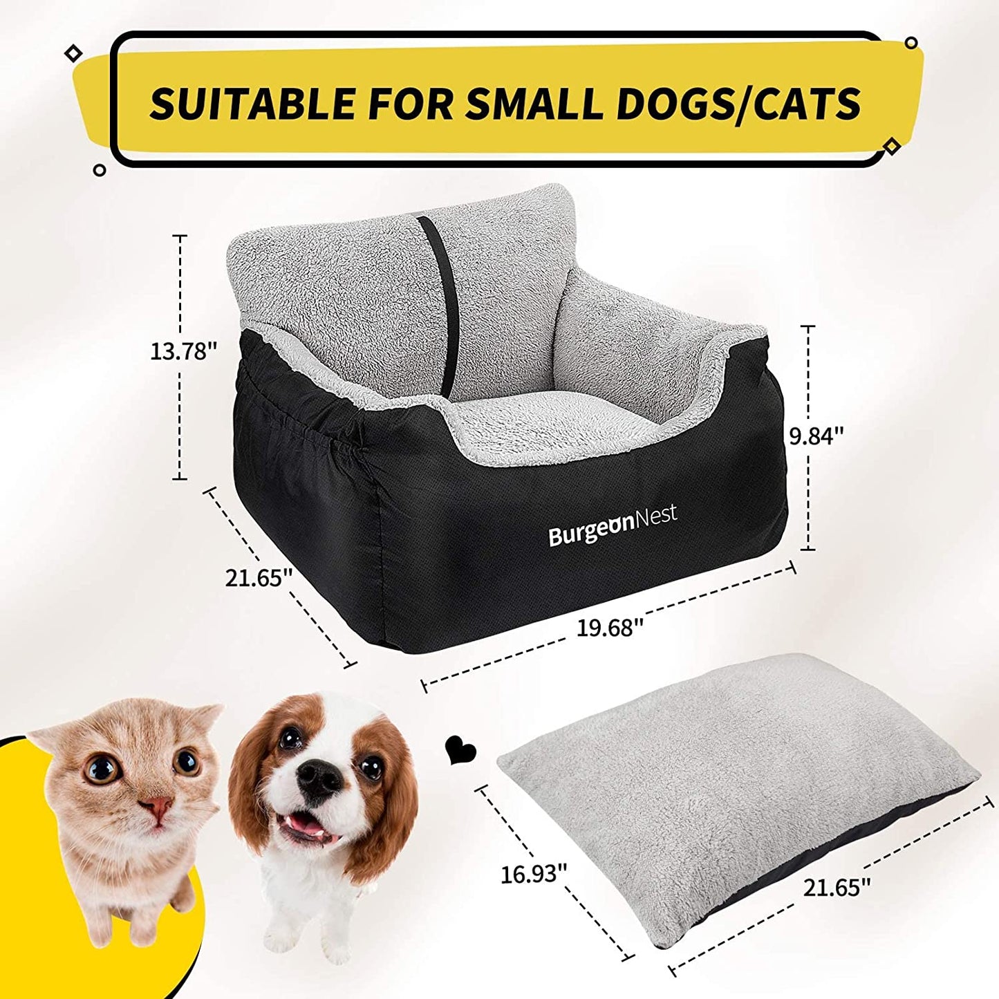 Car Seat for Small Dogs, Fully Detachable and Washable Puppy Booster Seat, with Storage Pockets and Clip-On Leash, Portable Soft Travel Carrier Bed