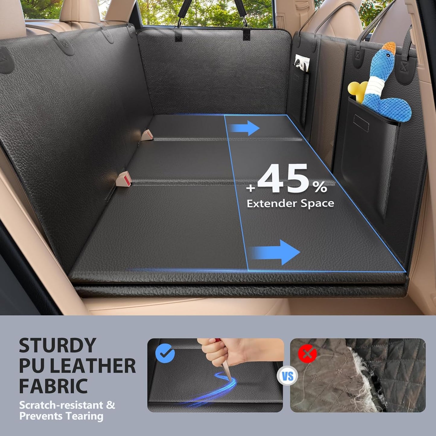 Back Seat Extender for Dogs-Upgraded PU Leather, Hard Bottom Dog Car Seat Cover for Back Seat, Anti-Scratch Backseat Extender for Dogs,Waterproof Dog Hammock for Car, SUV, 420Lbs