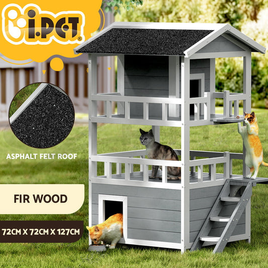 I.Pet Cat House Outdoor Wooden Shelter Rabbit Hutch Condo Small Dog Enclosure