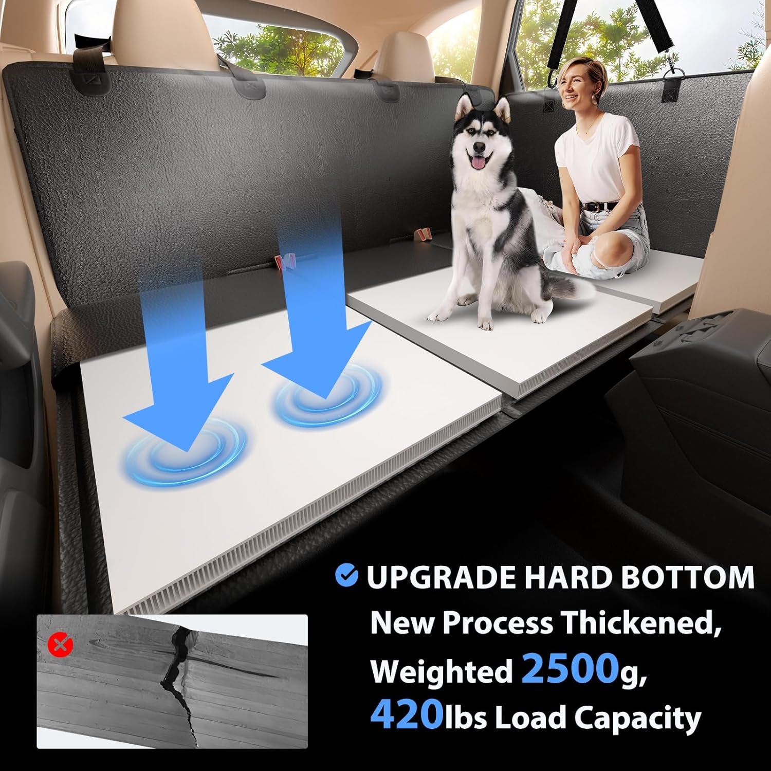 Back Seat Extender for Dogs-Upgraded PU Leather, Hard Bottom Dog Car Seat Cover for Back Seat, Anti-Scratch Backseat Extender for Dogs,Waterproof Dog Hammock for Car, SUV, 420Lbs