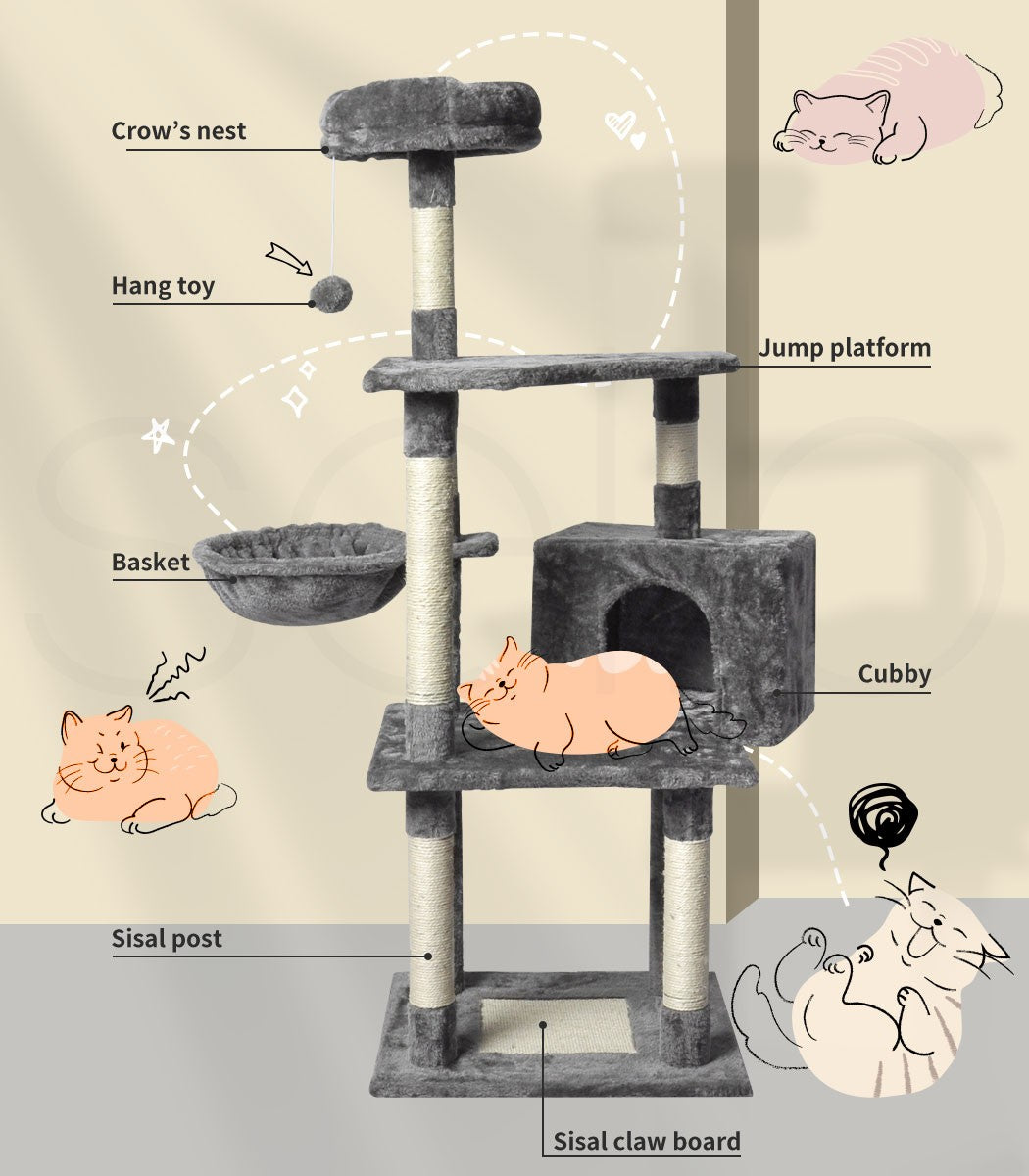 Pawz 130Cm Cat Tree Toy Scratching Post Scratcher Tower Condo Wooden House Grey