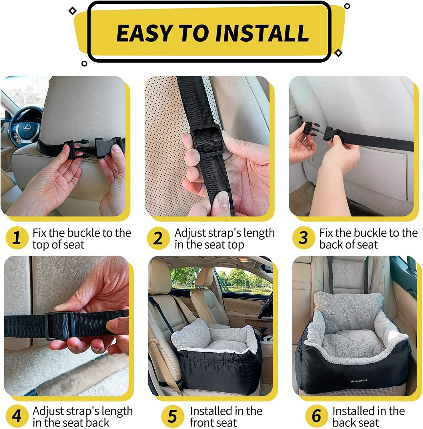 Car Seat for Small Dogs, Fully Detachable and Washable Puppy Booster Seat, with Storage Pockets and Clip-On Leash, Portable Soft Travel Carrier Bed